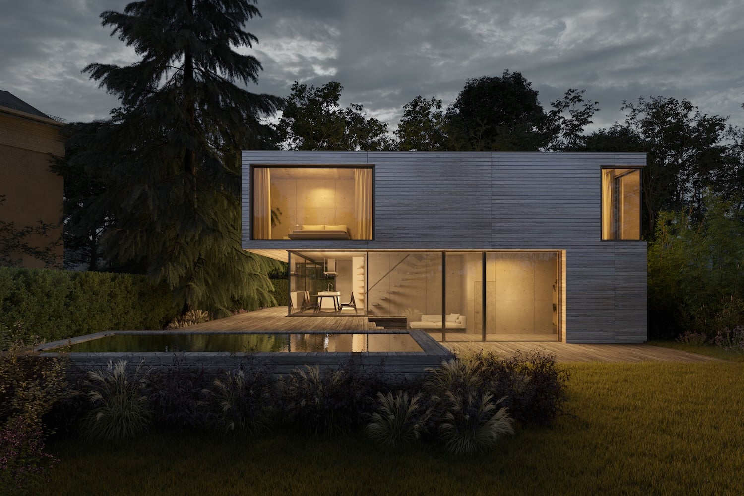 Nächtliche Architekturvisualisierung eines Bürogebäudes in Nordrhein-Westfalen – Blue Moon Virtual